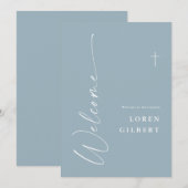 Moderne Elegante Script Stofblauw Doop Welkom Kaart (Voorkant / Achterkant)