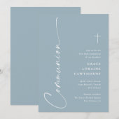 Moderne Elegante Script Stofblauw Eerste Communie Kaart (Voorkant / Achterkant)