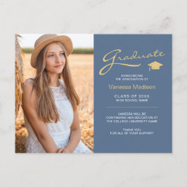 Moderne Elegante Script Stofblauw Goud 2 Foto Grad Briefkaart