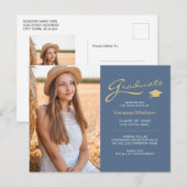 Moderne Elegante Script Stofblauw Goud 2 Foto Grad Briefkaart (Voorkant / Achterkant)