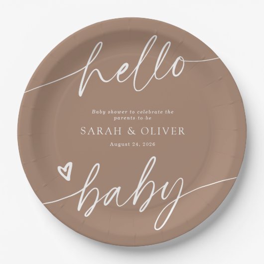 Moderne Elegante Script Tan Bruine Baby Shower Papieren Bordje (Voorkant)