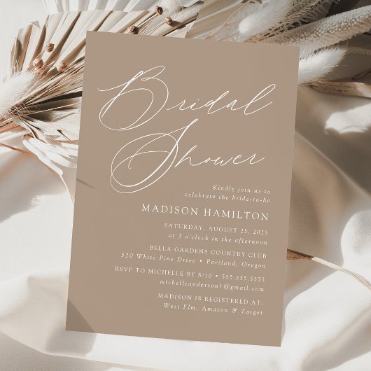 Moderne Elegante Script Taupe Bruidsfeest Kaart