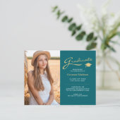 Moderne Elegante Script Teal & Goud | 2 Foto Grad Briefkaart (Staand voorkant)