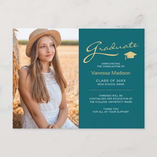 Moderne Elegante Script Teal & Goud | 2 Foto Grad Briefkaart (Voorkant)