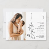 Moderne Elegante Script Wit Foto Doopfeest Kaart (Voorkant)
