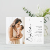 Moderne Elegante Script Wit Foto Doopfeest Kaart (Staand voorkant)