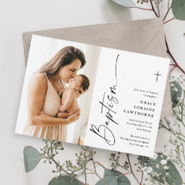 Moderne Elegante Script Wit Foto Doopfeest Kaart