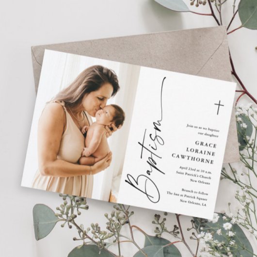 Moderne Elegante Script Wit Foto Doopfeest Kaart