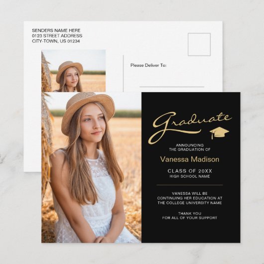 Moderne Elegante Script Zwart & Goud | 2 Foto Grad Briefkaart (Voorkant / Achterkant)