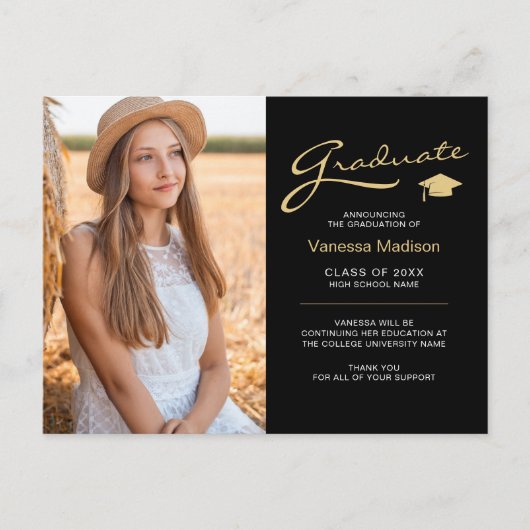 Moderne Elegante Script Zwart & Goud | 2 Foto Grad Briefkaart (Voorkant)