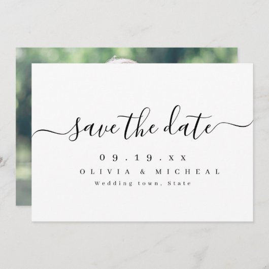 Moderne, elegante scriptbruiloft, sla de datum op save the date (Voorkant / Achterkant)