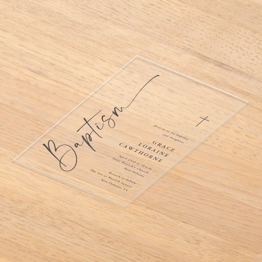 Moderne elegante scriptdoop acryl uitnodigingen (Laagn)