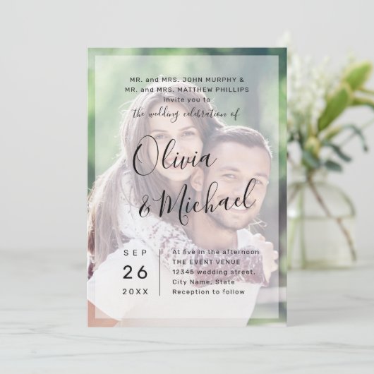 Moderne, elegante scriptfotobruiloft kaart (Staand voorkant)