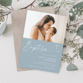Moderne Elegante Scriptie Blauwe Jongens Foto Doop Kaart