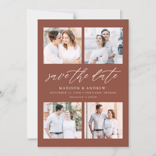 Moderne Elegante Scriptie Bruine 4 Foto Save The D Magnetische Uitnodiging (Voorkant)
