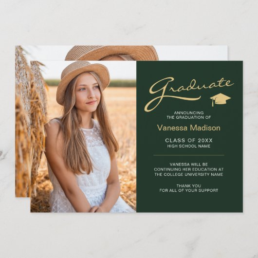 Moderne Elegante Scriptie Groen & Goud | 2 Foto Gr Aankondiging (Voorkant / Achterkant)