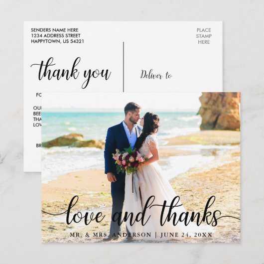 Moderne Elegante Scriptie Liefde Dank Huwelijksfot Briefkaart (Voorkant / Achterkant)