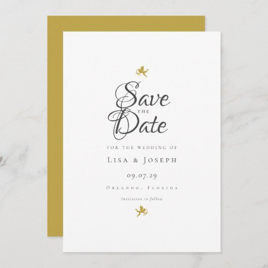 Moderne Elegante Scriptuur Gouden Cupido's Save The Date (Voorkant / Achterkant)