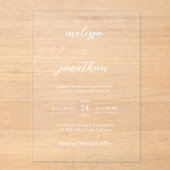 Moderne elegante sierlijke witte script duidelijke acryl uitnodigingen (Voorkant)