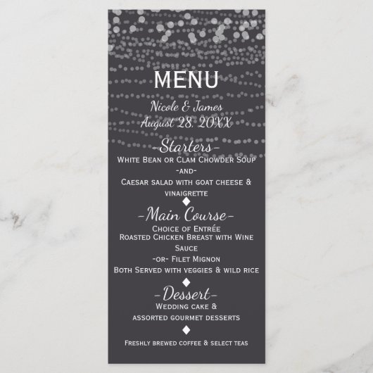 Moderne Elegante Slinger van Lichten Bruiloft Fees Menu (Voorkant)