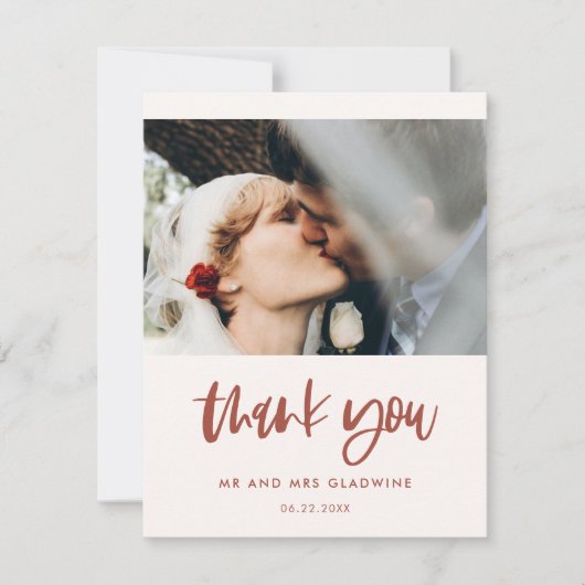 Moderne, elegante sneeuwroze trouwfoto bedankkaart (Voorkant)