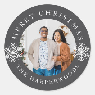 Moderne Elegante Sneeuwvlokken Kerst Familie 1 Fot Ronde Sticker