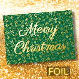 Moderne elegante sneeuwvlokken Merry-kerstgroen Folie Feestdagenkaart