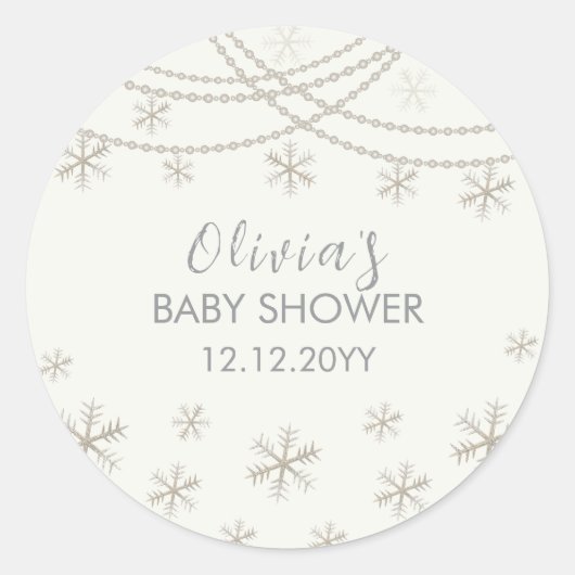 Moderne Elegante Sneeuwvlokken Winter Baby shower Ronde Sticker (Voorkant)