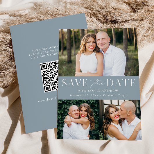 Moderne Elegante Stofblauwe 3 Foto QR Code Save The Date