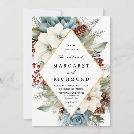 Moderne Elegante Stoffige Blauwe Bloemen Kerstwint Kaart (Voorkant)