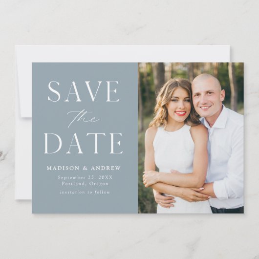 Moderne Elegante Stoffige Blauwe Foto Save The Date (Voorkant)