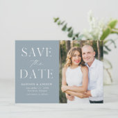 Moderne Elegante Stoffige Blauwe Foto Save The Date (Staand voorkant)