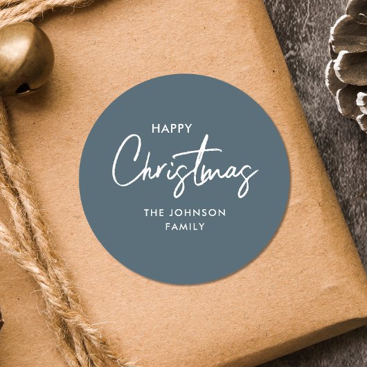 Moderne elegante stoffige blauwe kerstvakantie ronde sticker