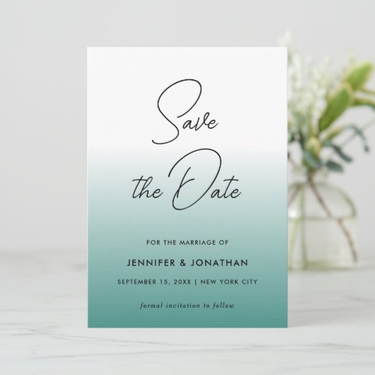 Moderne Elegante Teal Eenvoudige Calligrafie Sjabl Save The Date (Staand voorkant)