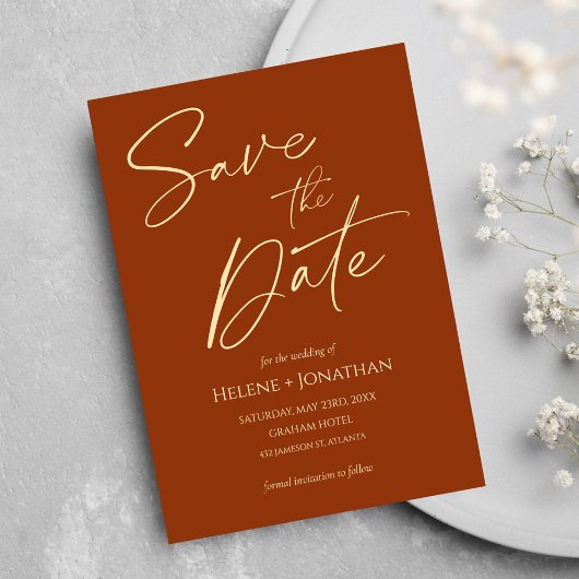 Moderne elegante terracotta bruiloft save the date kaart