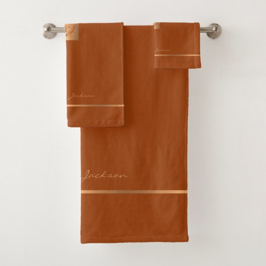 Moderne elegante terracotta chic monogram strepen bad handdoek (Insitu)