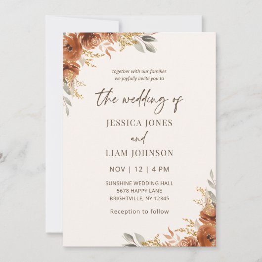 Moderne Elegante Terracotta Herfst Bloemen Huwelij Kaart (Voorkant)