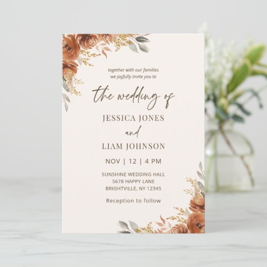 Moderne Elegante Terracotta Herfst Bloemen Huwelij Kaart (Staand voorkant)