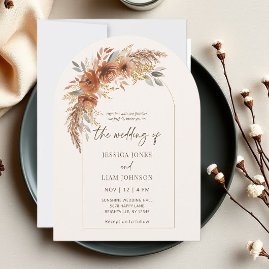 Moderne Elegante Terracotta Herfst Bloemen Huwelij Kaart