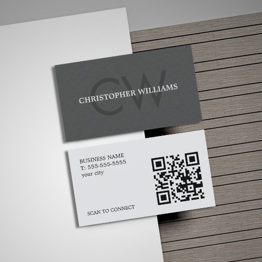 Moderne Elegante Textuur Grijs Monogram QR Code Visitekaartje