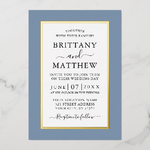 Moderne Elegante Trouw Dusty Blue Goud Folie Uitnodiging