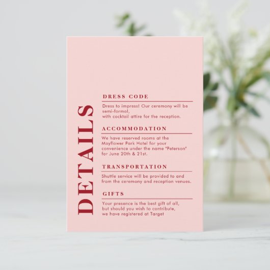 Moderne Elegante Trouwdetails Rood & Roze Informatiekaartje (Staand voorkant)