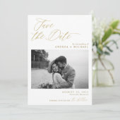 Moderne Elegante Trouwfoto Goud Save The Date (Staand voorkant)