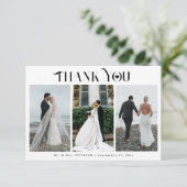 Moderne elegante typografie 3 foto-collage bruilof bedankkaart (Staand voorkant)