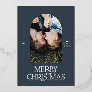 Moderne elegante typografie blauw 1 foto Kerstmis Folie Feestdagenkaart
