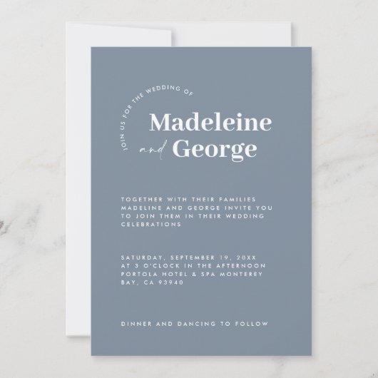 Moderne, elegante typografie dusty blauw save the date (Voorkant)