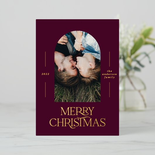 Moderne, elegante typografie, foto-kerstmis folie feestdagenkaart (Staand Voorkant)