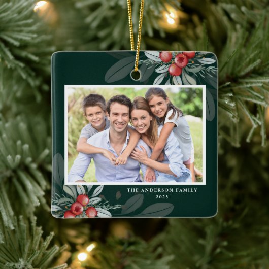 Moderne elegante vakantie groen 2 foto kerst keramisch ornament (Boom)