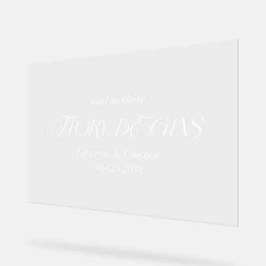 Moderne elegante verhaal begint bruiloft welkom acryl bord (Hoek)