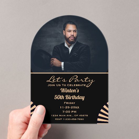 Moderne elegante verjaardagsfoto Goud en zwart fee Acryl Uitnodigingen (Insitu (Draagbaar))